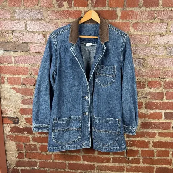 Vintage Lee Coat Womens Large Blue Denim Corduroy Collar Chore Workwear Barn - Picture 1 of 8